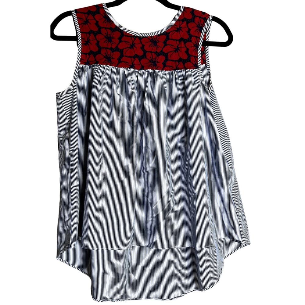 English Factory Blouse Women Medium Blue White Pinstripe Poppy Lace Embroidered